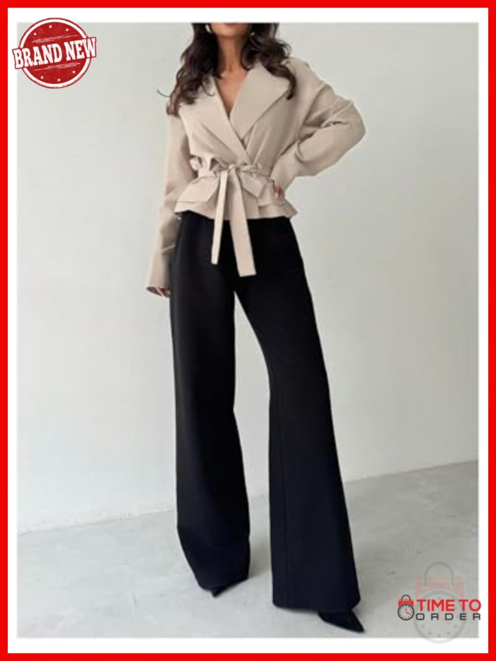 Women's Tie Belt Double Breasted Trench Coat Long Raglan Sleeve Lapel Collar - Picture 2 of 4
